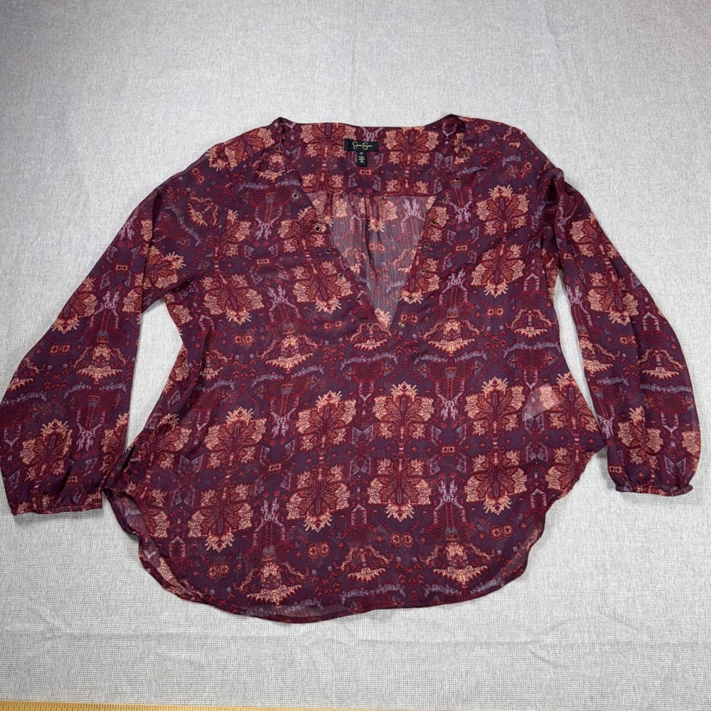 Jessica Simpson Womens 1X Burgundy Paisley Grommet V-Neck Sheer Blouse Top